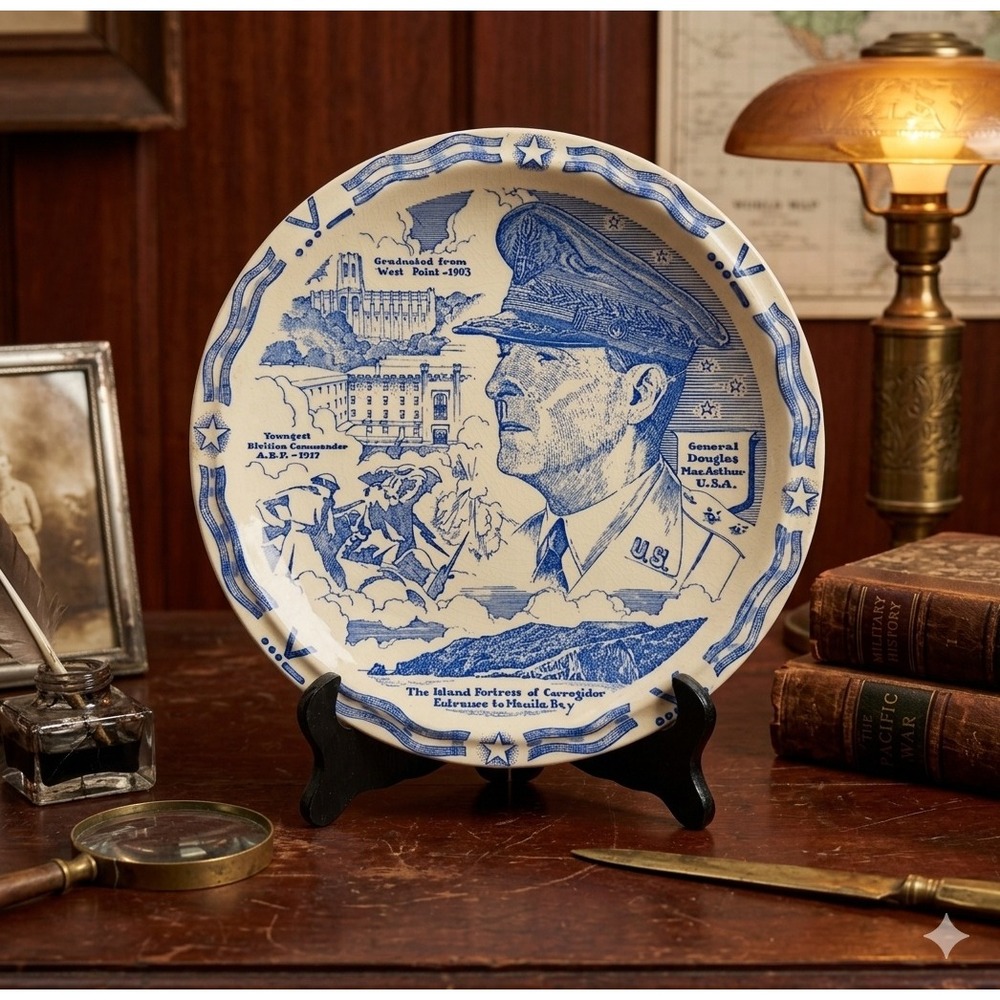Vernon Kilns General Douglas MacArthur Commemorative Plate Blue White WWII USA
